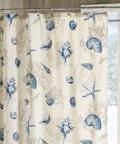 Bayside Sea Shell Coral Starfish Beach House Shower Curtain With Blue Shells