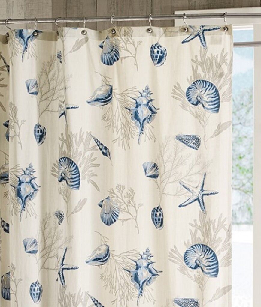 Bayside Sea Shell Coral Starfish Beach House Shower Curtain With Blue Shells