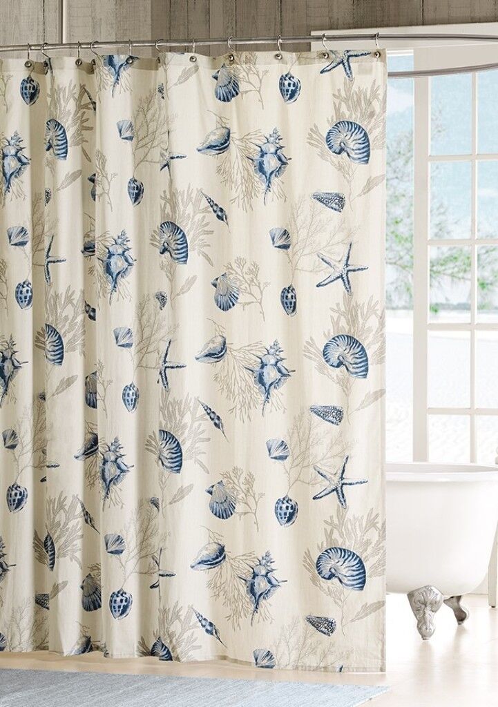 Bayside Sea Shell Coral Starfish Beach House Shower Curtain With Blue Shells - Image 3