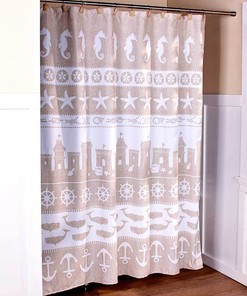 Beach Coastal Nautical Shower Curtain with Seahorse Print and Starfishes