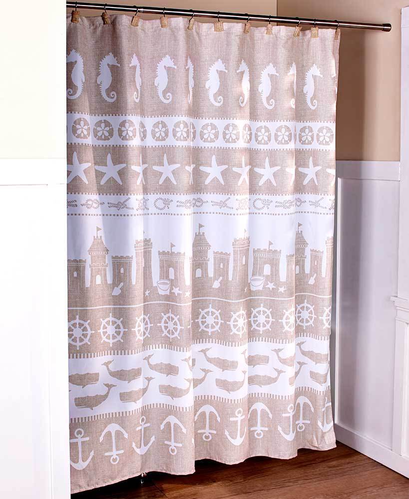 Beach Coastal Nautical Shower Curtain with Seahorse Print and Starfishes