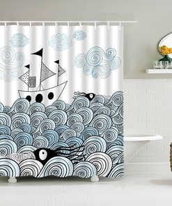 Beach Coastal Octopus Shower Curtain with Ship in the Ocean Wave Print for Bathtub Curtain and Home Bathroom Decor