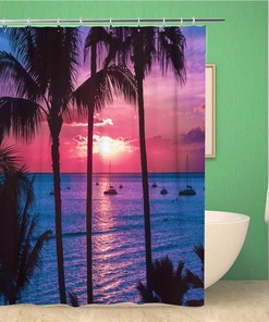 Beach Colorful Hawaii Sunset Palm Trees Aerial Authenticity Escape Shower Curtain, Waterproof Bathroom Decor Curtain