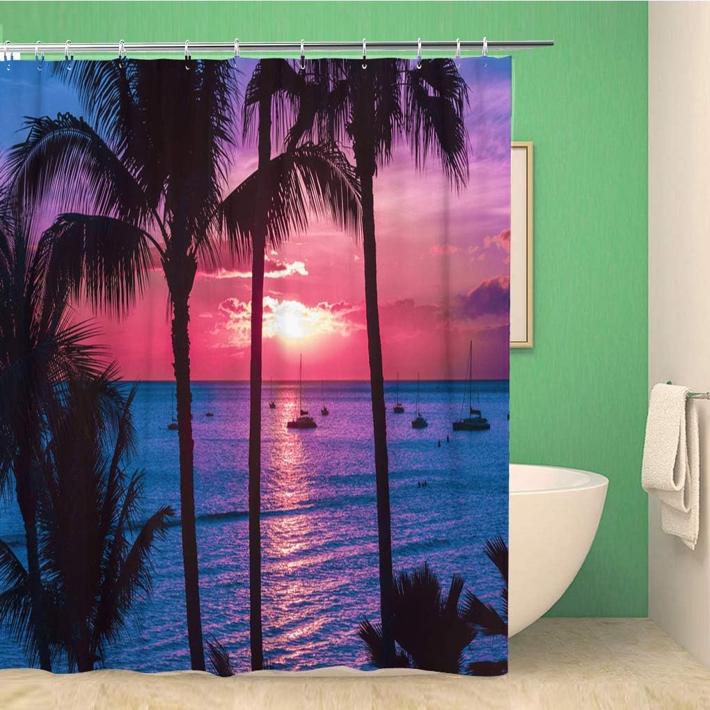 Beach Colorful Hawaii Sunset Palm Trees Aerial Authenticity Escape Shower Curtain, Waterproof Bathroom Decor Curtain