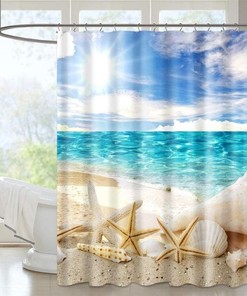 Beach Creature PuzCub Shower Curtain Set, Starfish Shell Waterproof Fabric for Nautical Bathroom Decor