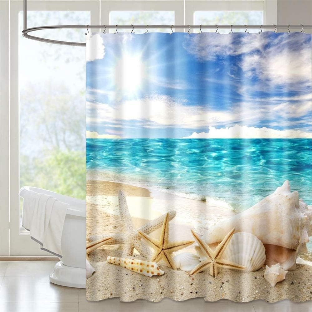 Beach Creature PuzCub Shower Curtain Set, Starfish Shell Waterproof Fabric for Nautical Bathroom Decor