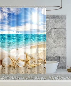 Beach Creature PuzCub Shower Curtain Set, Starfish Shell Waterproof Fabric for Nautical Bathroom Decor