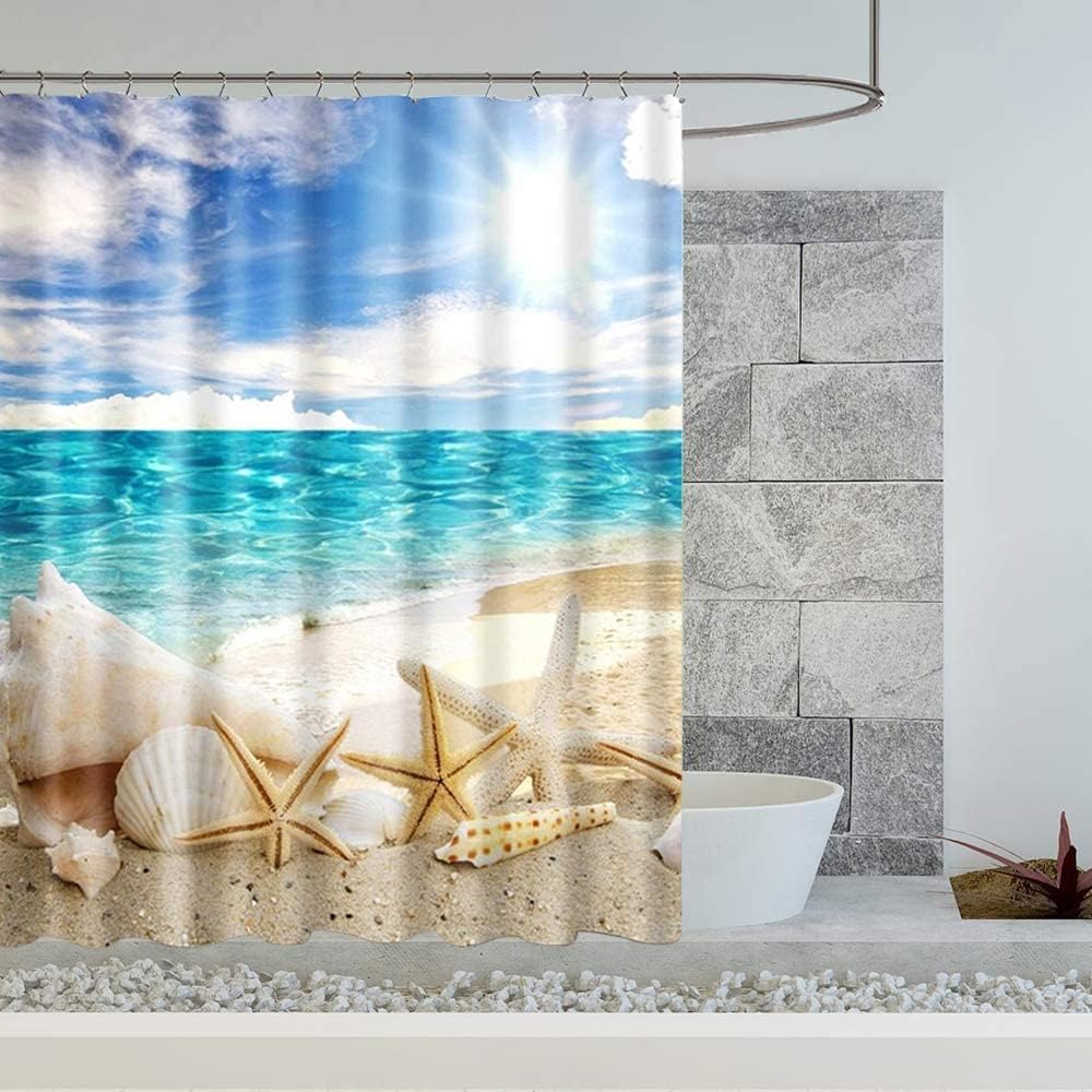 Beach Creature PuzCub Shower Curtain Set, Starfish Shell Waterproof Fabric for Nautical Bathroom Decor