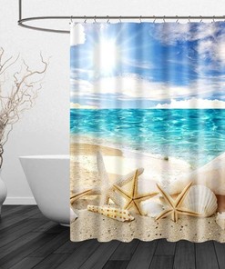 Beach Creature PuzCub Shower Curtain Set, Starfish Shell Waterproof Fabric for Nautical Bathroom Decor
