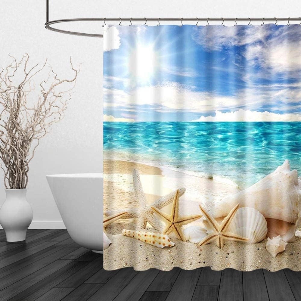 Beach Creature PuzCub Shower Curtain Set, Starfish Shell Waterproof Fabric for Nautical Bathroom Decor