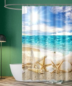 Beach Creature PuzCub Shower Curtain Set, Starfish Shell Waterproof Fabric for Nautical Bathroom Decor