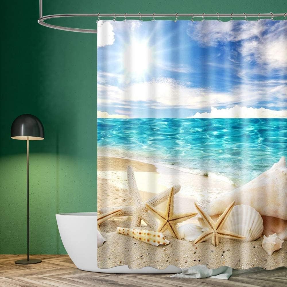 Beach Creature PuzCub Shower Curtain Set, Starfish Shell Waterproof Fabric for Nautical Bathroom Decor