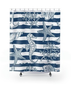 Beach House Bathroom Accessories With Blue And White Seashell Seahorse Ocean Print Shower Curtain