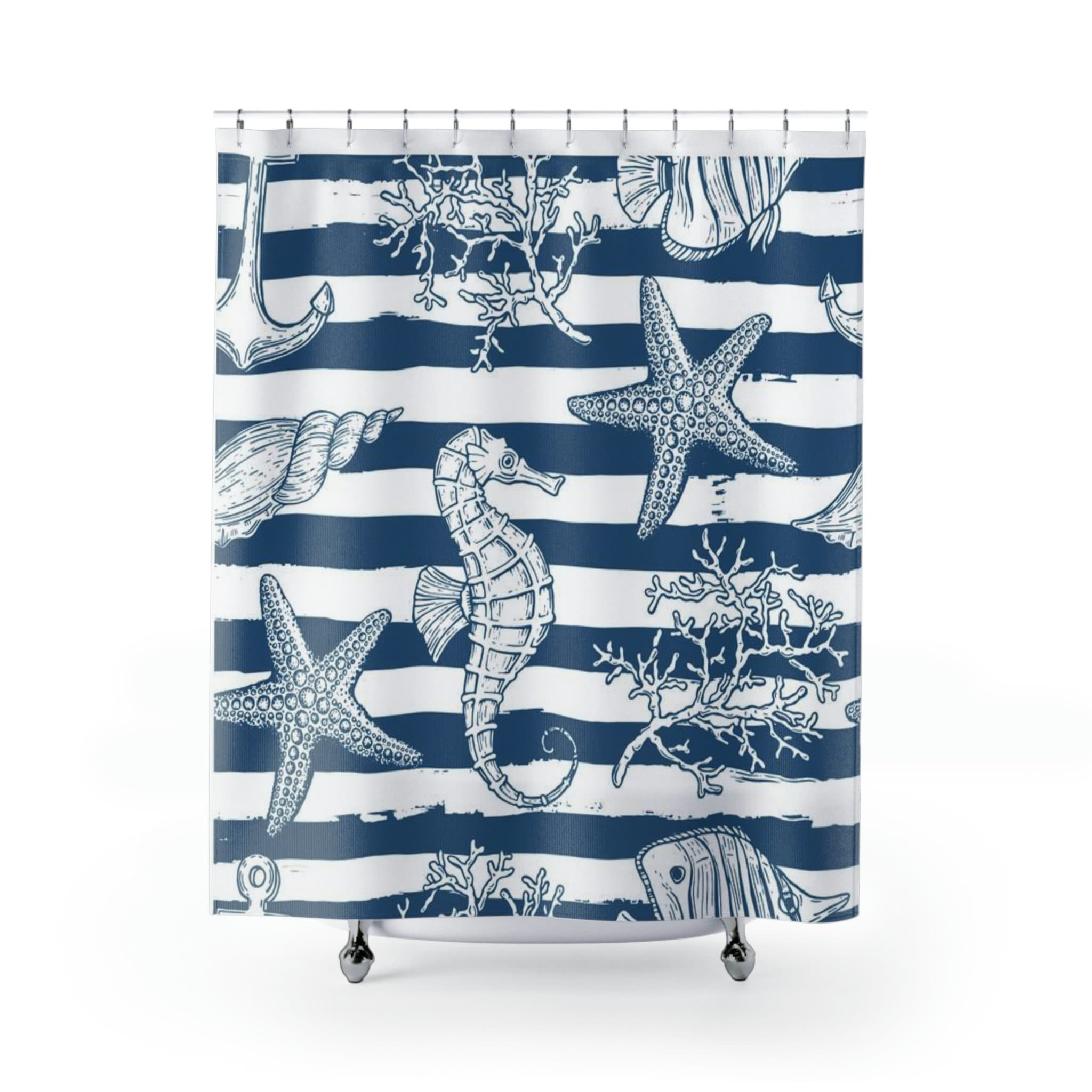Beach House Bathroom Accessories With Blue And White Seashell Seahorse Ocean Print Shower Curtain