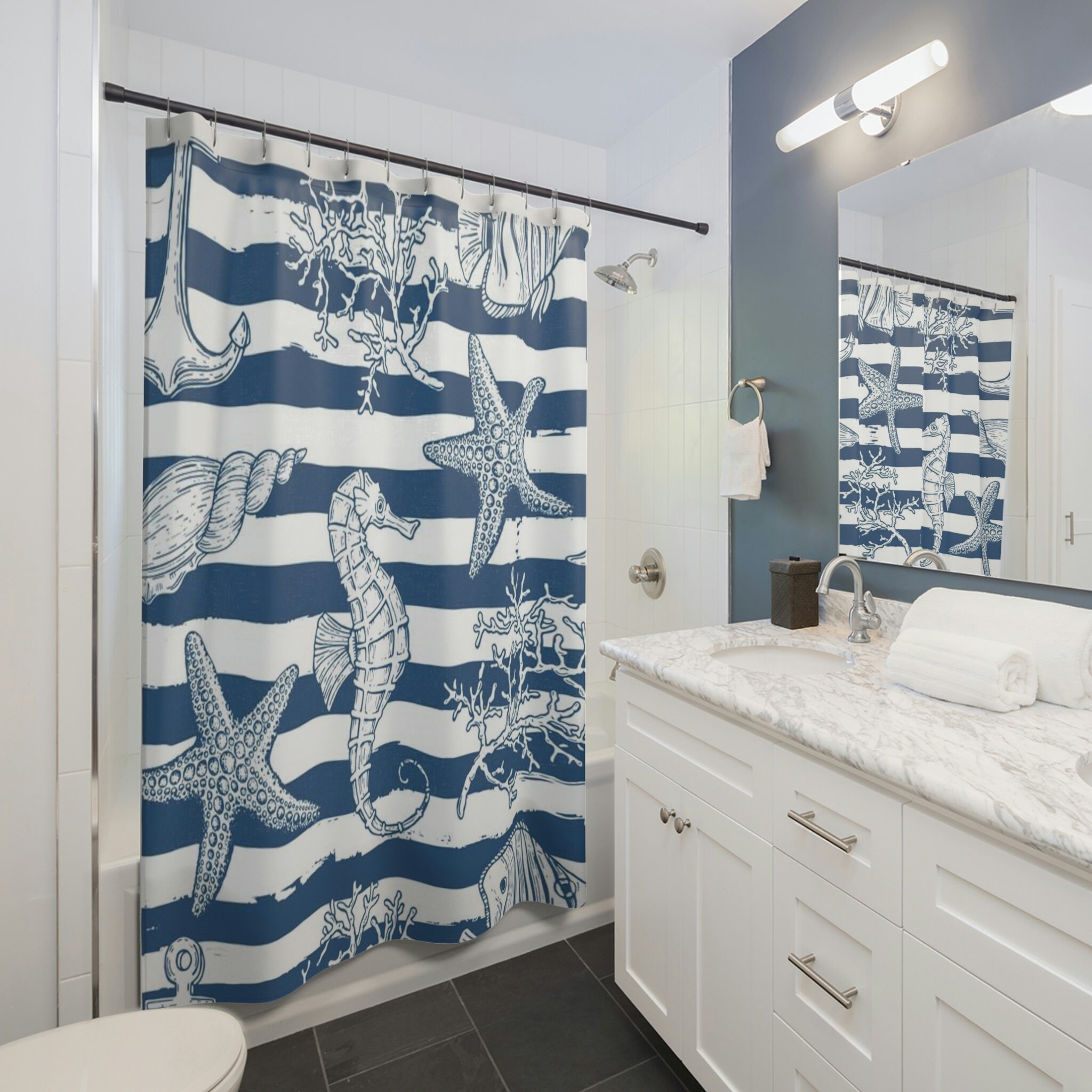 Beach House Bathroom Accessories With Blue And White Seashell Seahorse Ocean Print Shower Curtain - Image 2