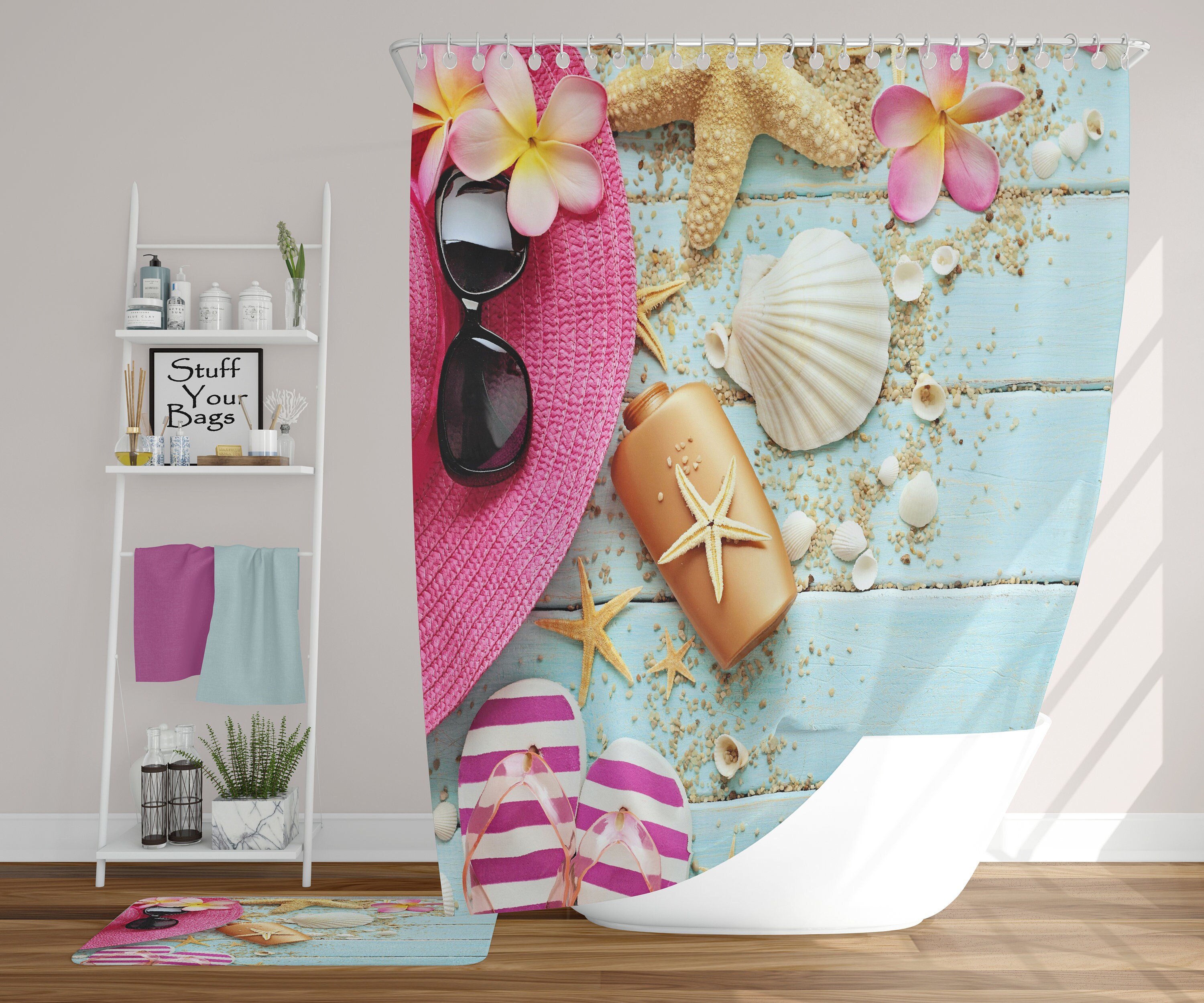 Beach House With Ocean View Shower Curtain, Home Artwork Bathroom Decor With Tropical Sand - Image 2