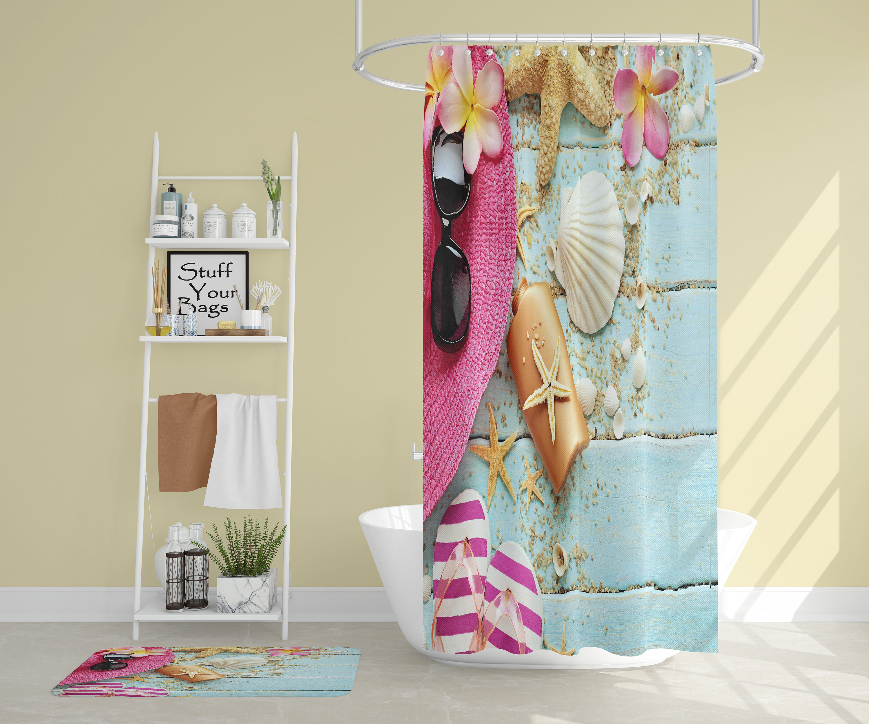 Beach House With Ocean View Shower Curtain, Home Artwork Bathroom Decor With Tropical Sand - Image 3
