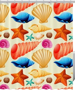 Beach Inspired Cartoon Seashells And Starfish Pattern Shower Curtain For Bathroom Decor