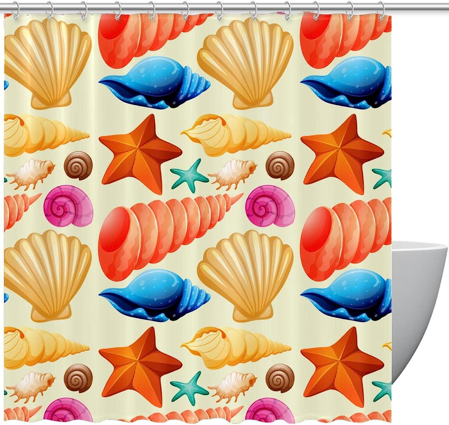 Beach Inspired Cartoon Seashells And Starfish Pattern Shower Curtain For Bathroom Decor