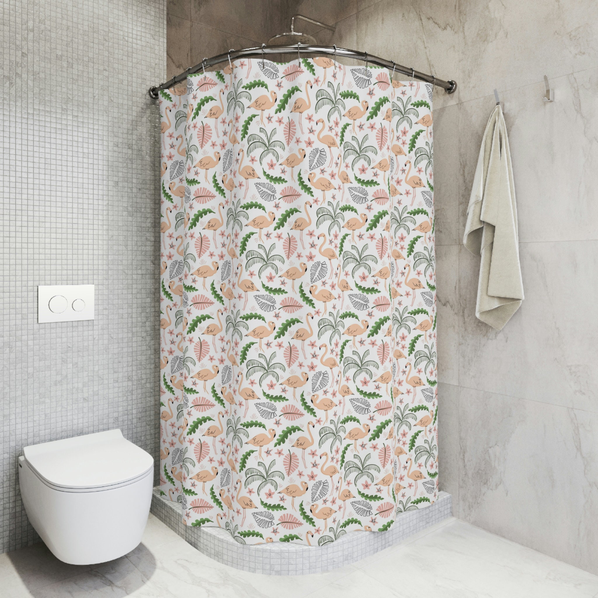 Beach Life Palm Tree Print Shower Curtain with Flamingos for a Tropical Bathroom