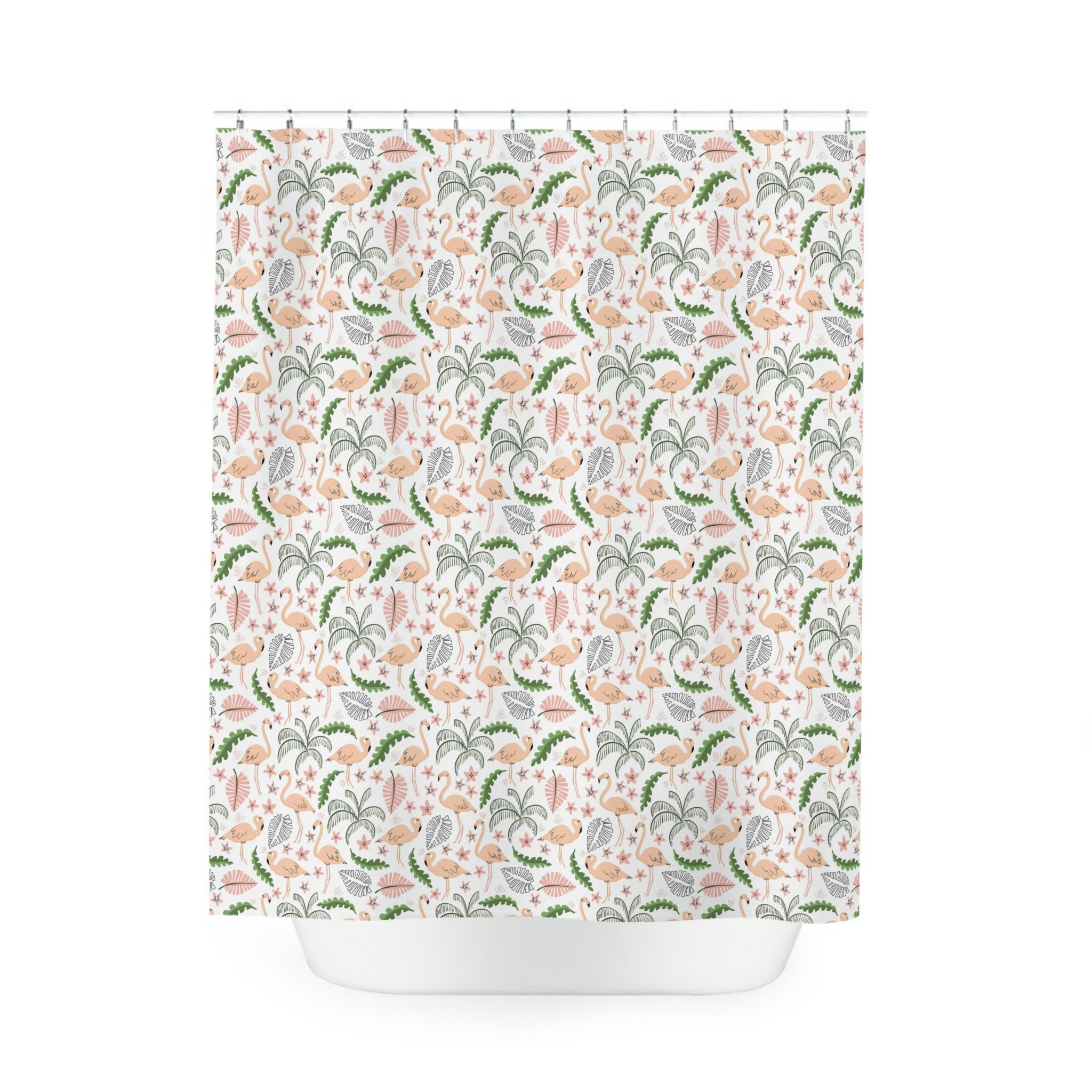 Beach Life Palm Tree Print Shower Curtain with Flamingos for a Tropical Bathroom