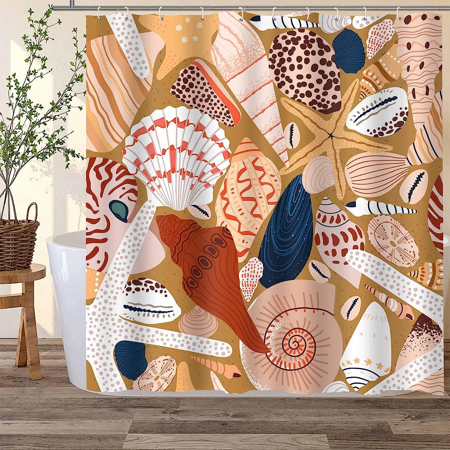 Beach Ocean Seashell Starfish Conch Shower Curtain - Nautical Bathroom Decor