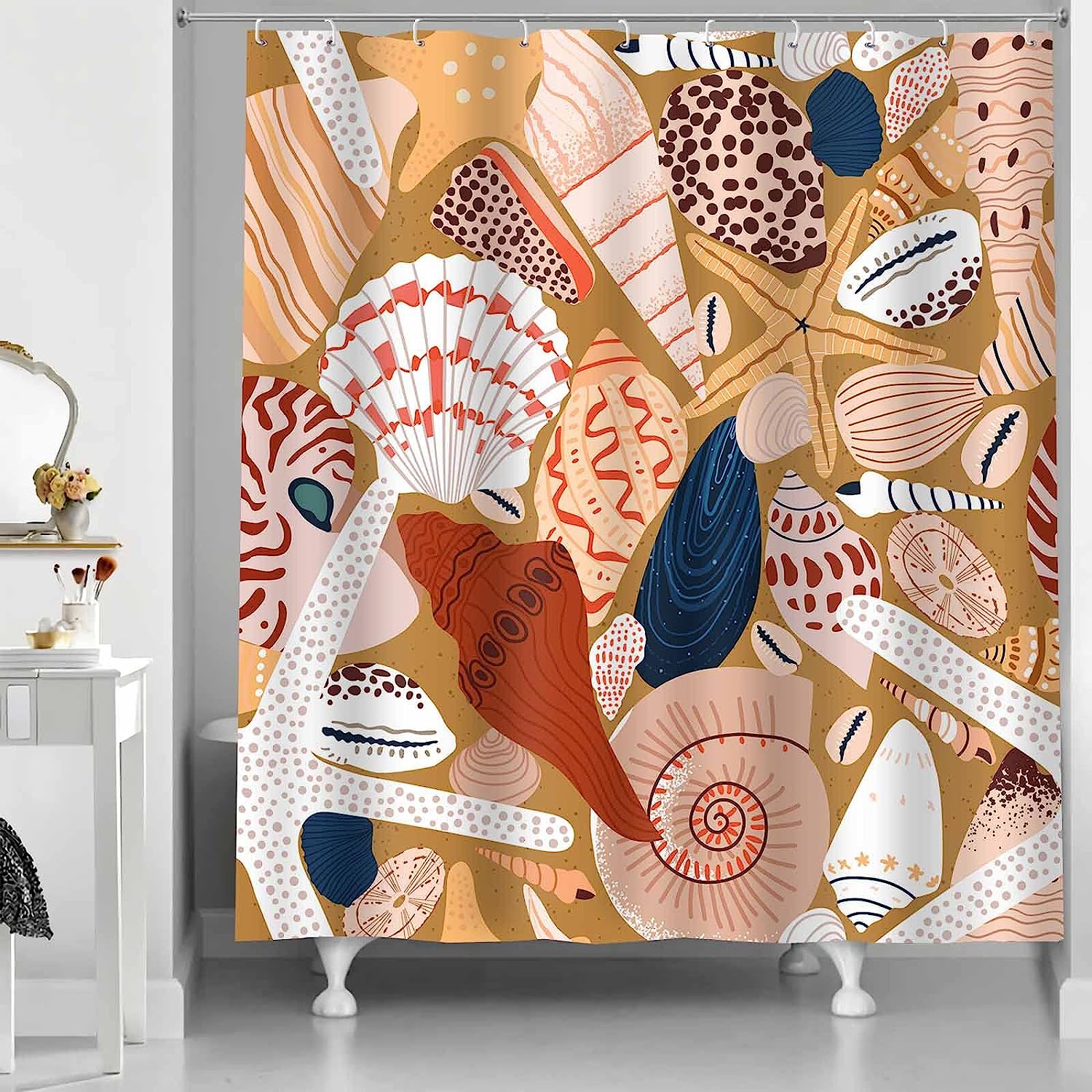 Beach Ocean Seashell Starfish Conch Shower Curtain - Nautical Bathroom Decor