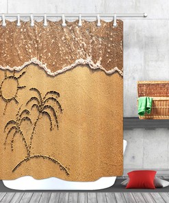 Beach Painting Shower Curtain with Sun and Coconut Trees