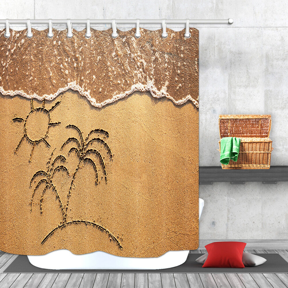 Beach Painting Shower Curtain with Sun and Coconut Trees