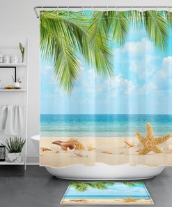 Beach Palm Leaf Shower Curtain for Summer Ocean Bathroom
