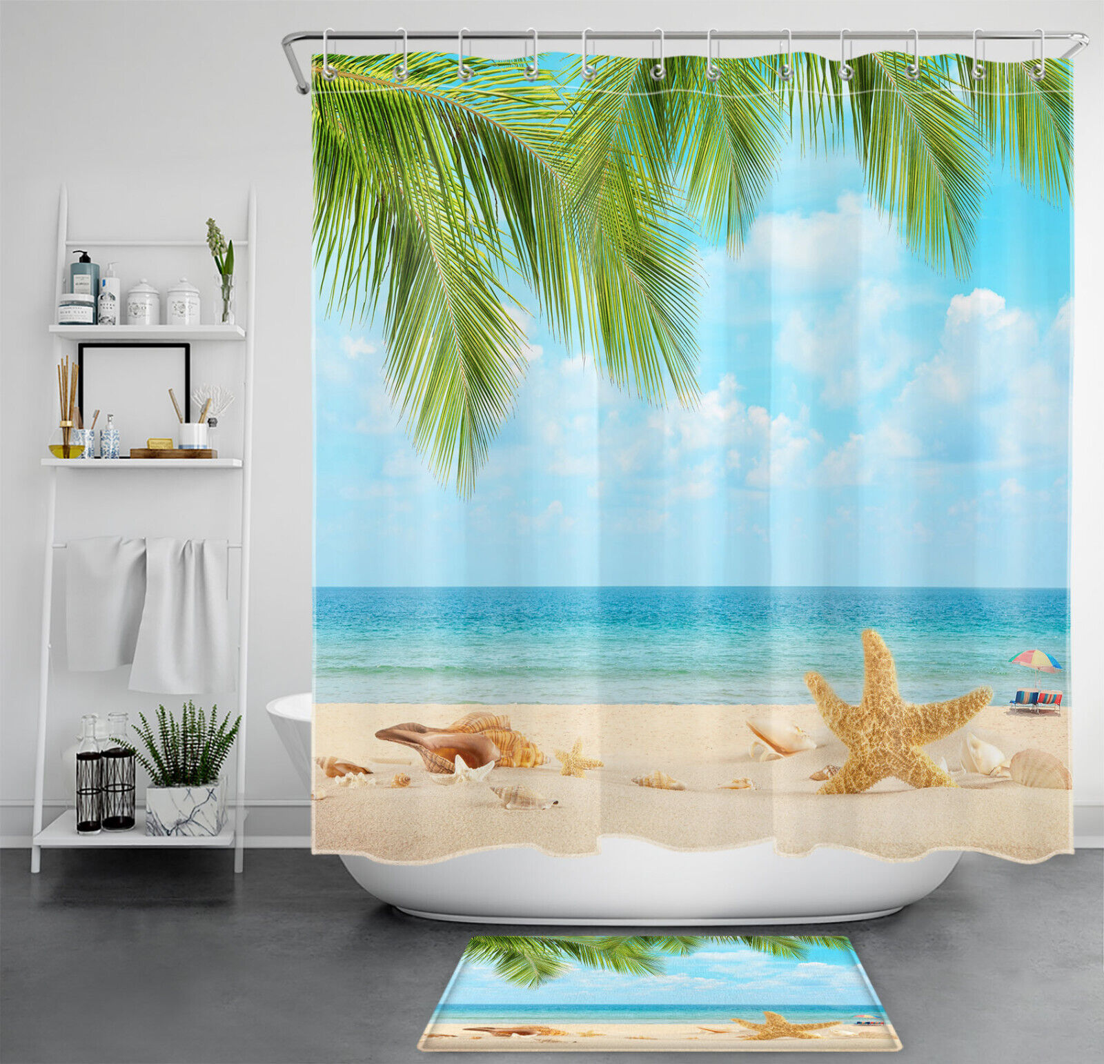 Beach Palm Leaf Shower Curtain for Summer Ocean Bathroom