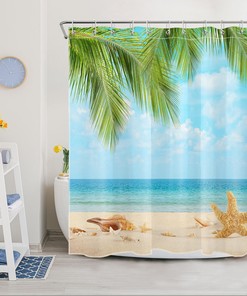 Beach Palm Leaf Shower Curtain for Summer Ocean Bathroom