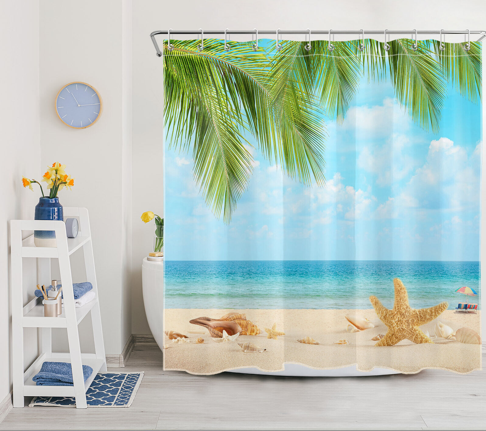 Beach Palm Leaf Shower Curtain for Summer Ocean Bathroom