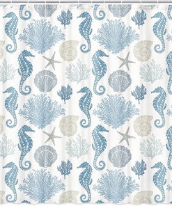 Beach Print Shower Curtain with Sea Shells, Stars, Seahorse, and Coral for a coastal and waterproof bathroom decor