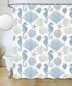 Beach Print Shower Curtain with Sea Shells, Stars, Seahorse, and Coral for a coastal and waterproof bathroom decor