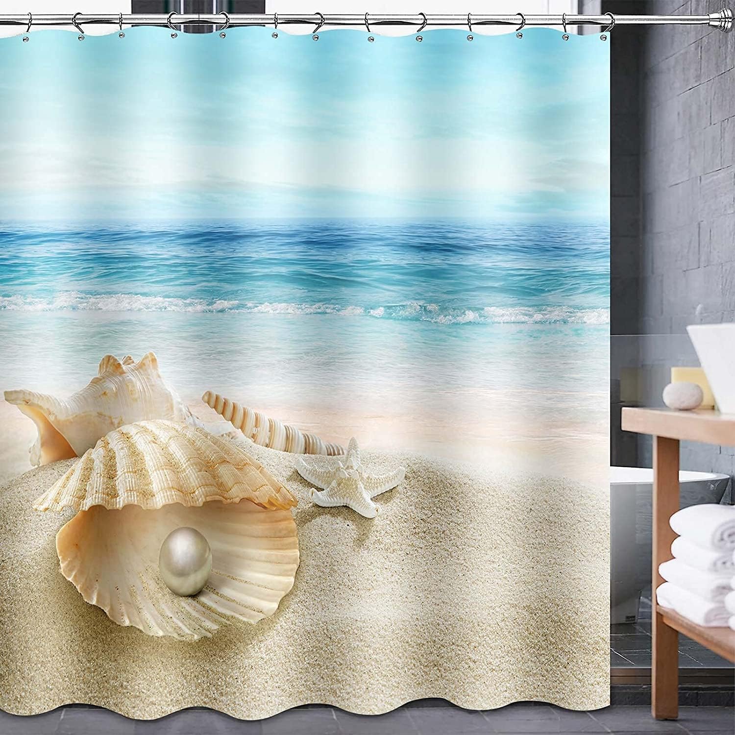 Beach Scenery With Starfish And Seashells Printed Shower Curtain - Image 2
