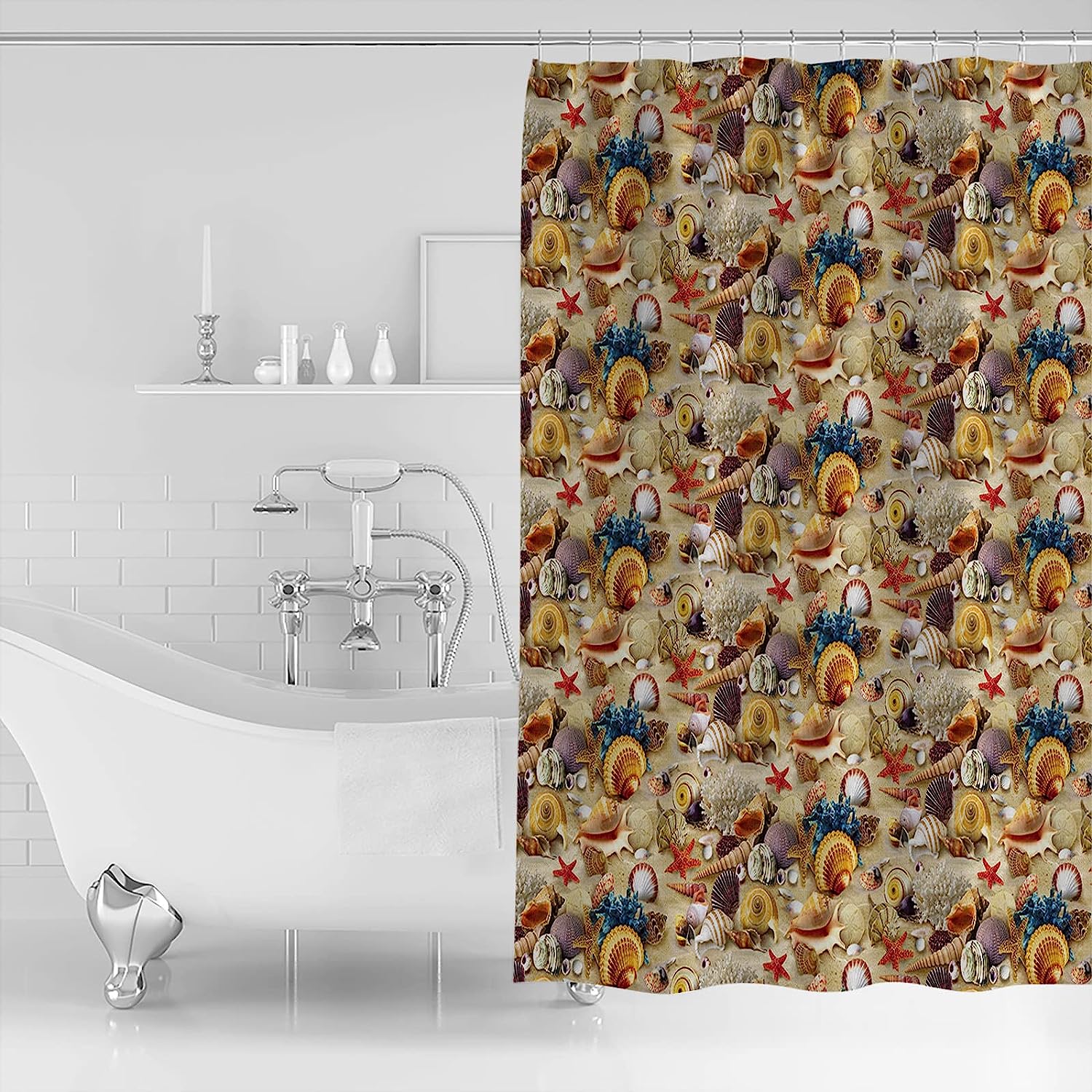 Beach Seashell Starfish Decorative Shower Curtain for a Coastal Bathroom