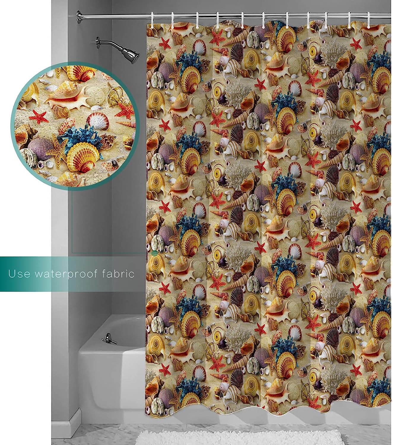 Beach Seashell Starfish Decorative Shower Curtain for a Coastal Bathroom