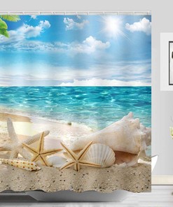 Beach Seashell Starfish Print Shower Curtain with no-fade Blue Digital Print for Bathroom Decor