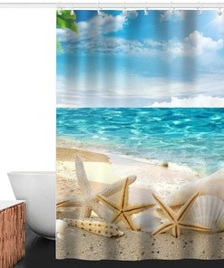 Beach Seashell Starfish Print Shower Curtain with no-fade Blue Digital Print for Bathroom Decor