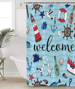 Beach Seashell Starfish Welcome Summer Ocean Lighthouse Shower Curtain 