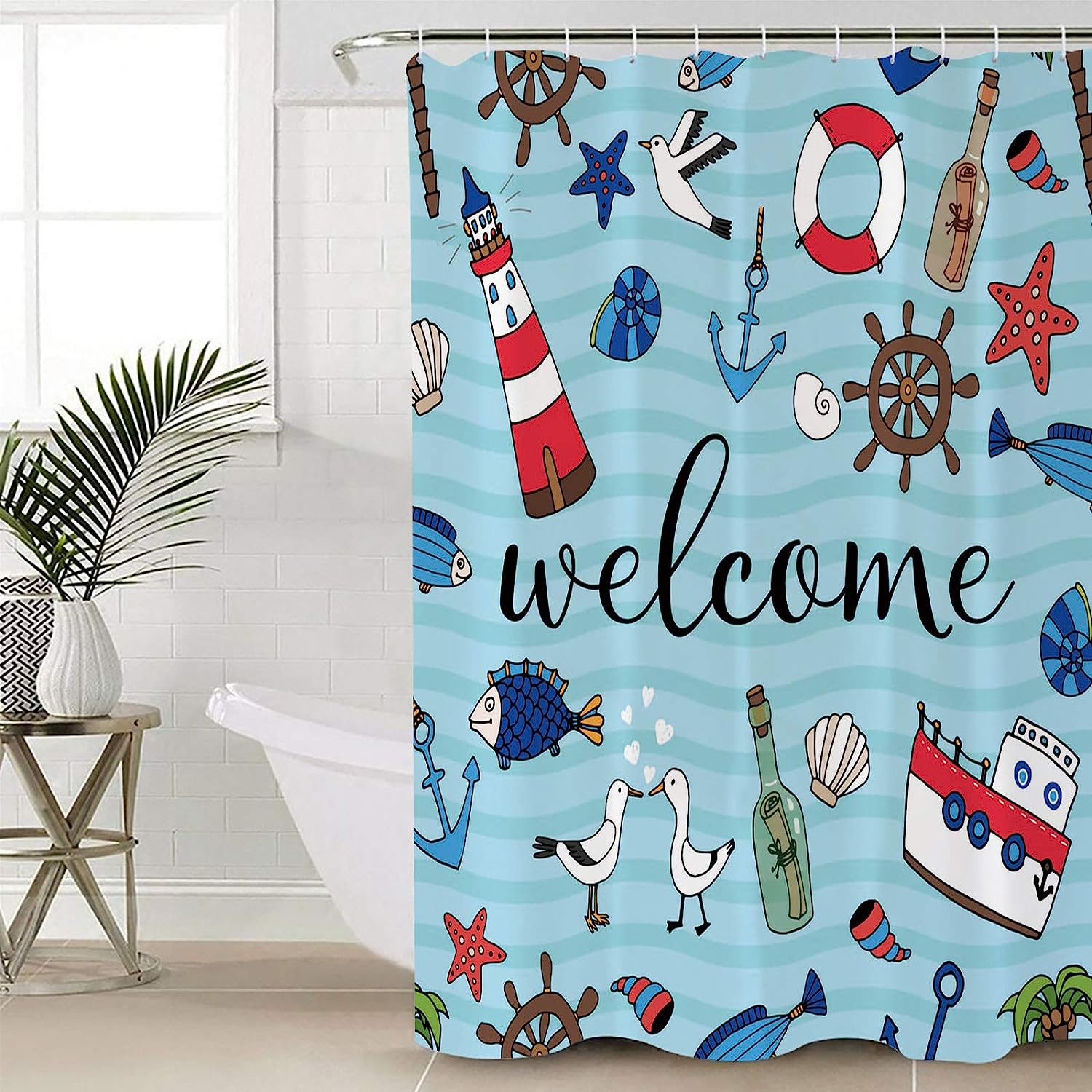 Beach Seashell Starfish Welcome Summer Ocean Lighthouse Shower Curtain