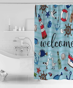 Beach Seashell Starfish Welcome Summer Ocean Lighthouse Shower Curtain