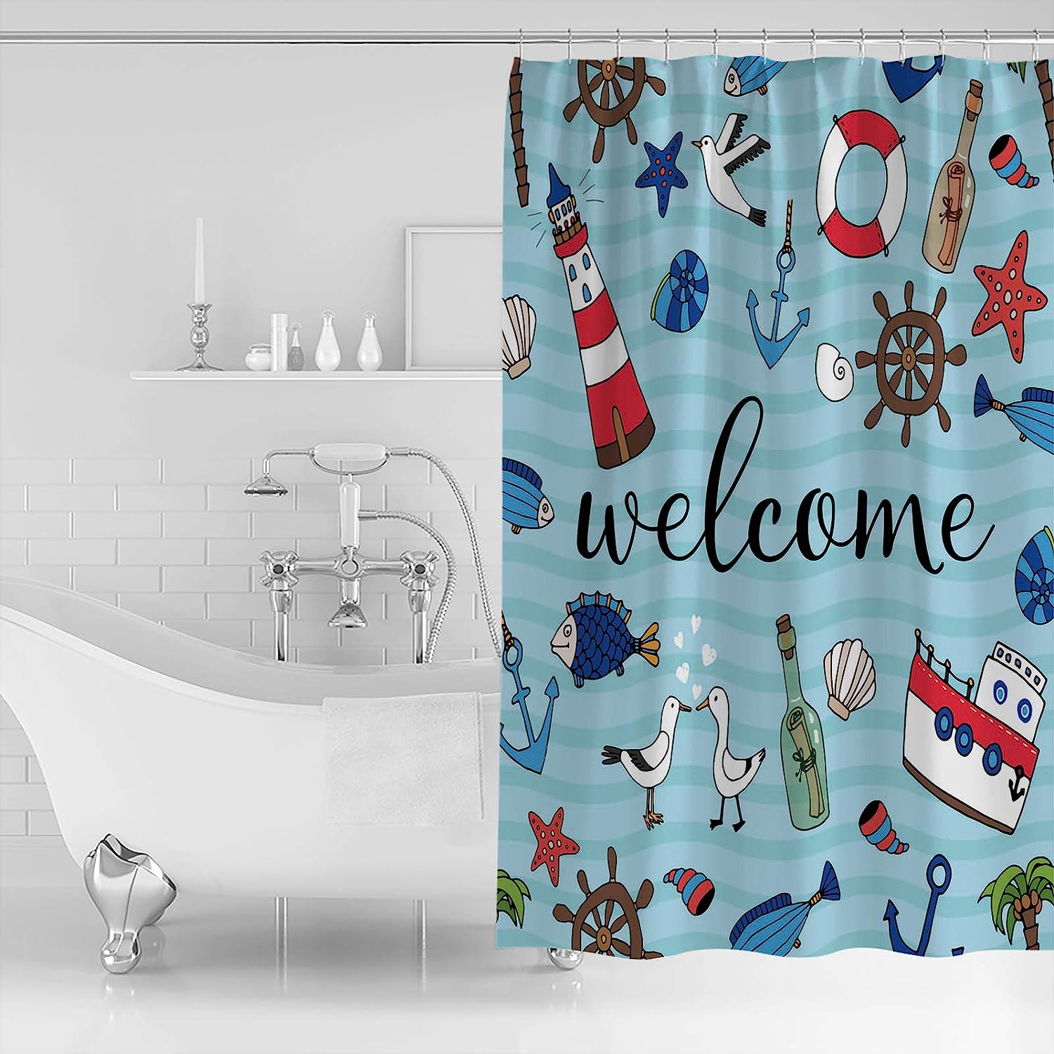 Beach Seashell Starfish Welcome Summer Ocean Lighthouse Shower Curtain