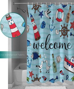 Beach Seashell Starfish Welcome Summer Ocean Lighthouse Shower Curtain
