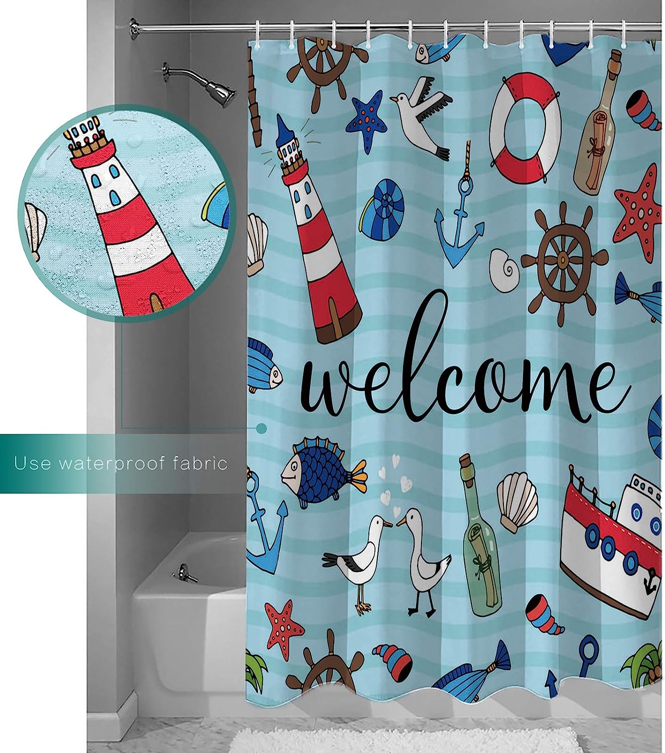 Beach Seashell Starfish Welcome Summer Ocean Lighthouse Shower Curtain