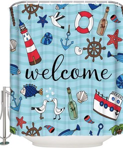 Beach Seashell Starfish Welcome Summer Ocean Lighthouse Shower Curtain
