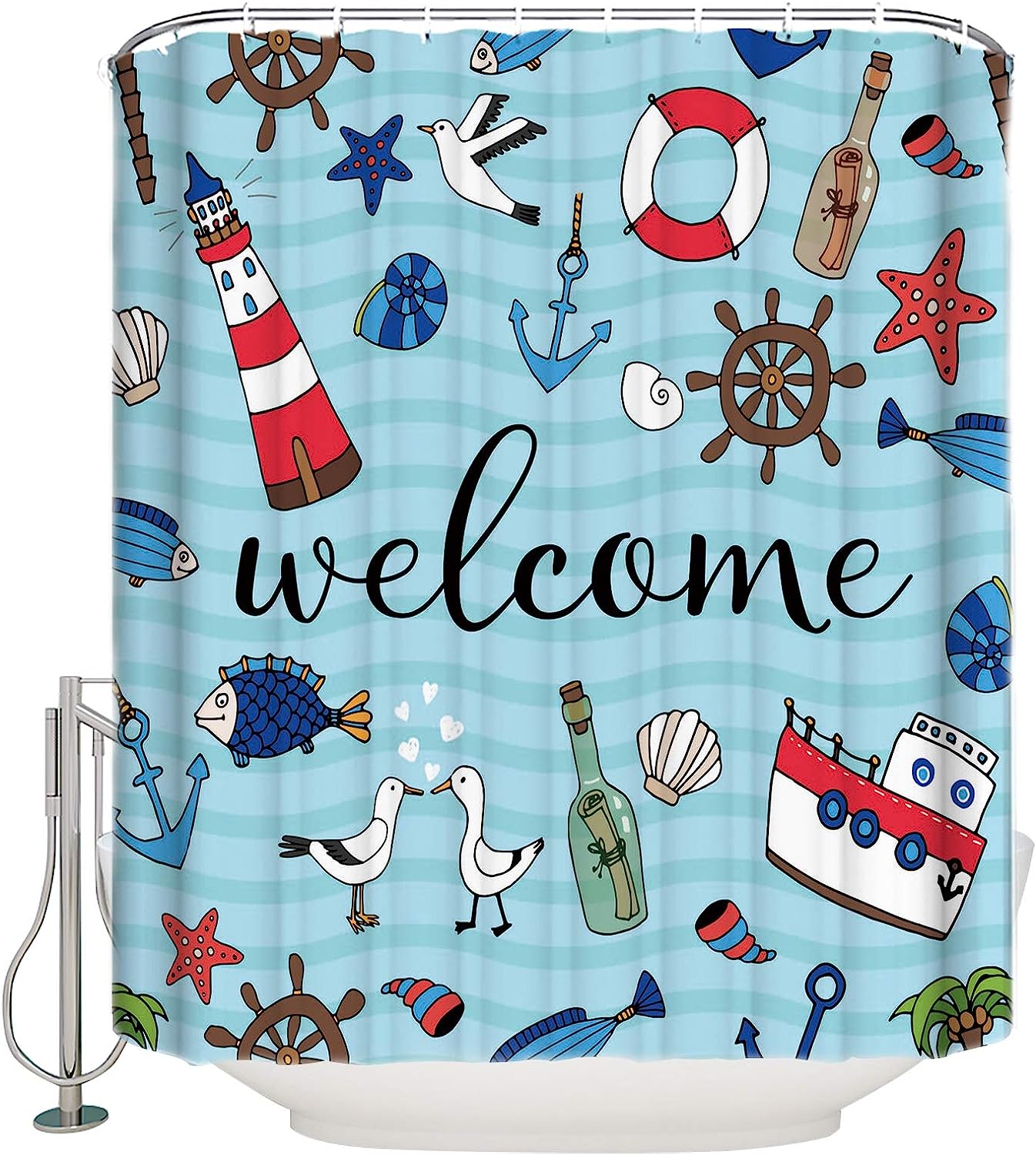 Beach Seashell Starfish Welcome Summer Ocean Lighthouse Shower Curtain