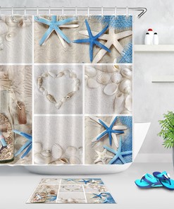 Beach Seashells Collage Shower Curtain - Waterproof Bathroom Decor with Mat and Hooks