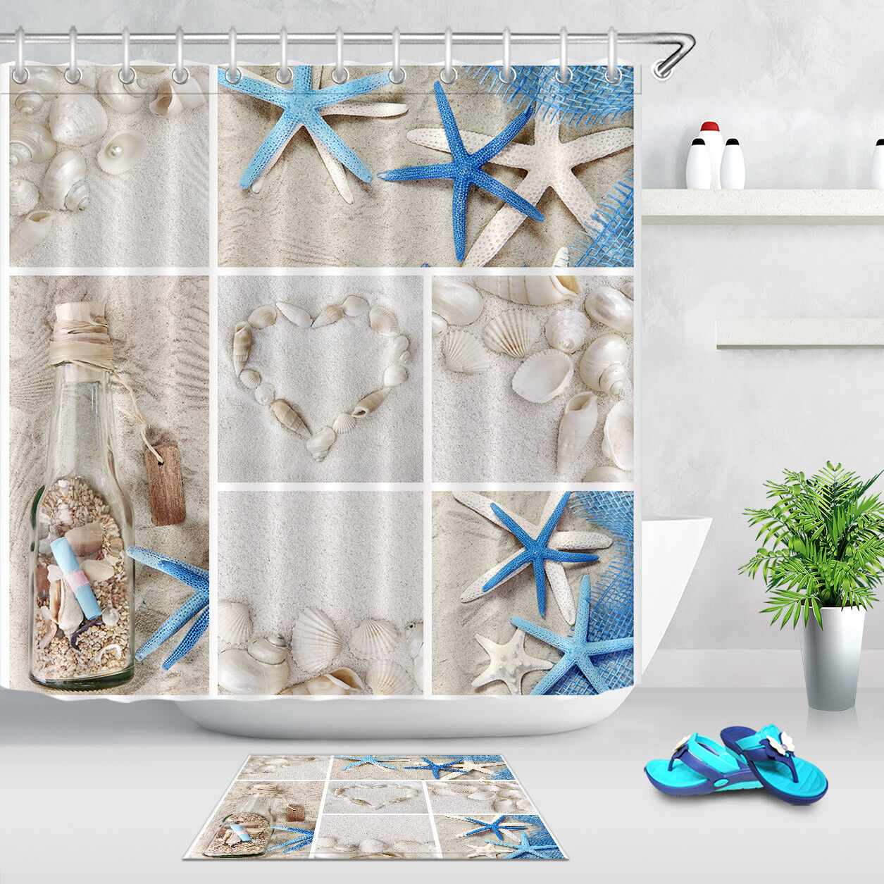 Beach Seashells Collage Shower Curtain - Waterproof Bathroom Decor with Mat and Hooks